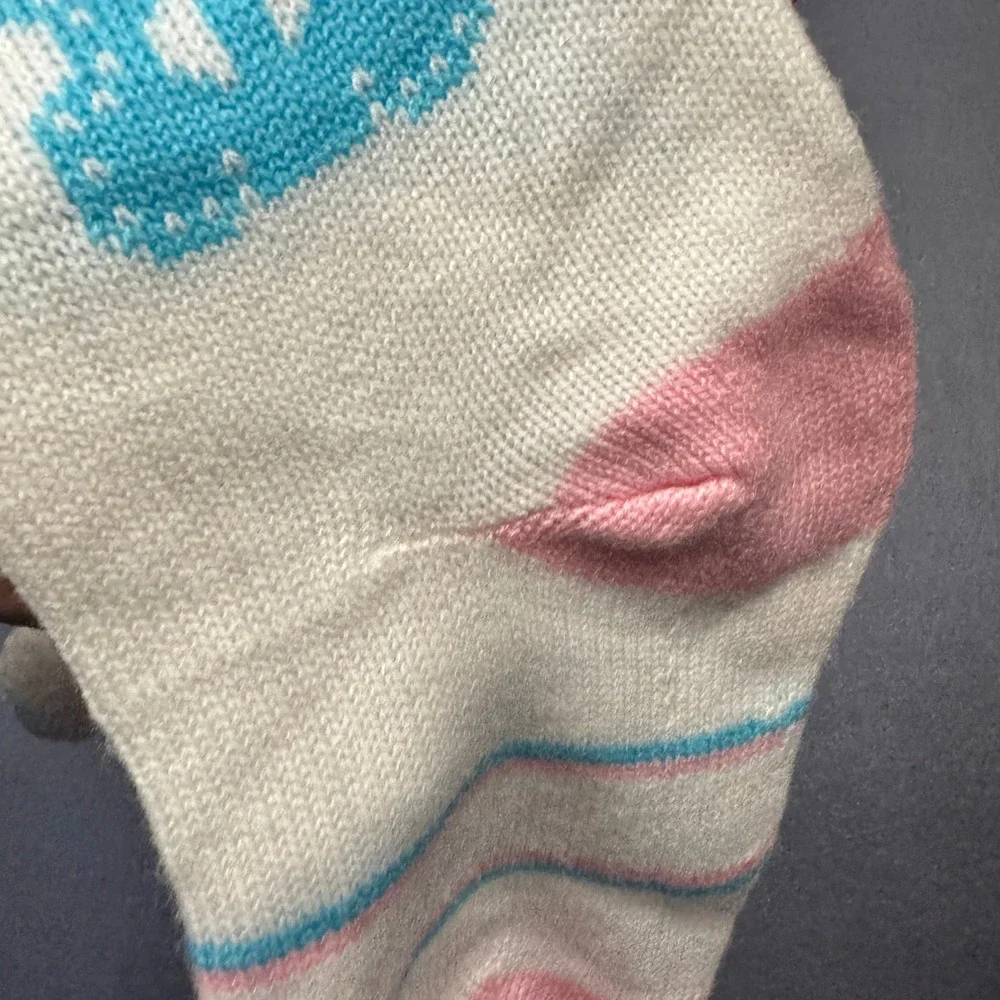 Vtg Babys‎ First Christmas Knit Stocking Bear Unisex Boy Girl Blue Pink White